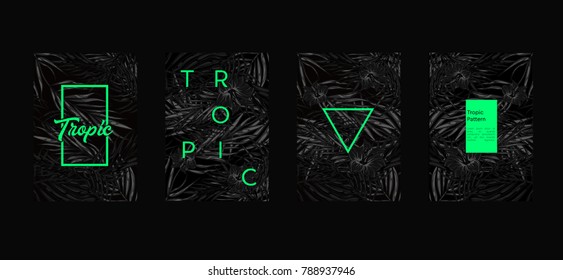Tropic set of 4 templates. Summer vibes leaf background. Vector illustration.