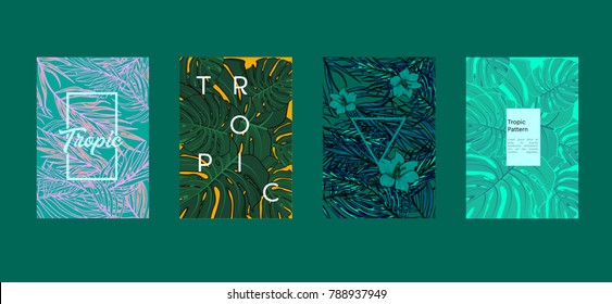 Tropic set of 4 templates. Summer vibes leaf background. Vector illustration.