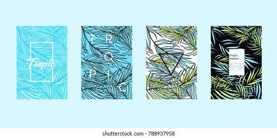 Tropic set of 4 templates. Summer vibes leaf background. Vector illustration.