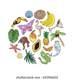 Tropic set on white background vector illustration. Doodle style. Design icon, print, logo, poster, symbol, decor, textile, paper, card. 