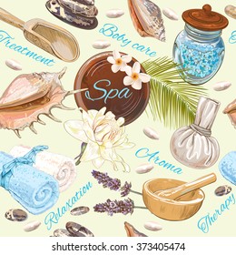 Tropic style spa treatment colorful seamless pattern with lotus,shells, frangipani and stones.Background for cosmetics, store,spa and beauty salon, organic health care products. Vector illustration.