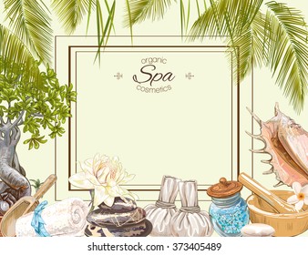 Tropic style spa treatment colorful frame with lotus,shells, frangipani and stones .Design for cosmetics, store,spa and beauty salon,natural and organic health care products. Vector illustration.