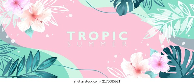 Tropic summer background decorated with hibiscus flowers and tropical leaves on light pink and green abstract background. Template for fashion ads, horizontal poster and social media