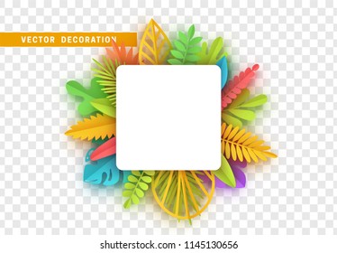 Tropic summer background, palm leaf, paper flower. White frame with place for text isolated with transparent background