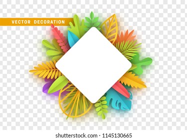 Tropic summer background, palm leaf, paper flower. White frame with place for text isolated with transparent background