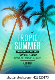 Tropic Summer Beach Party disco. Tropic Summer vacation and travel. Tropical poster colorful background and palm exotic island. Music summer party festival. DJ template