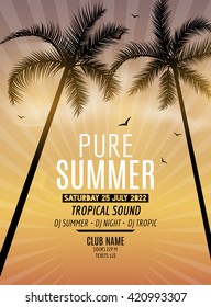 Tropic Summer Beach Party. Tropic Summer vacation and travel. Tropical poster colorful background and palm exotic island. Music summer party festival. DJ template