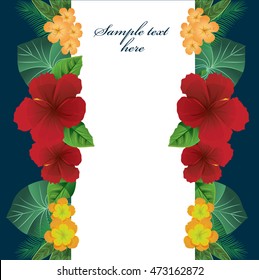 Tropic summer colorful flowers and leaves. Composition with flowers jungle. Greeting and invitation card