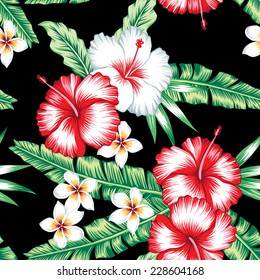 Tropic summer floral hibiscus and plumeria seamless vector pattern with palm banana leaf and plants. Composition with flower jungle background. Print Hawaii hand drawn fashion bunch exotic wallpaper.