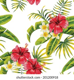Tropic summer flower hibiscus and orchid Seamless vector pattern with palm banana leaf and plants. Composition with flower jungle white background. Hand drawn fashion bunch exotic flower wallpaper.