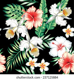 Tropic summer hibiscus, lily and orchid seamless vector pattern with palm banana leaf and plants. Composition with flower jungle background. Hand drawn fashion bunch exotic wallpaper.