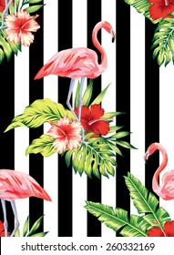 Tropic summer hibiscus seamless vector pattern with palm banana leaf and plants. Composition flower jungle and watercolor pink flamingos black white striped background. Hand drawn exotic wallpaper.