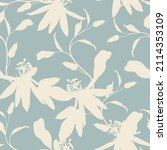 Tropic summer painting seamless pattern with exotic flower branch silhouette. Trendy exotic flower wallpaper on blue background.