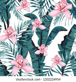 Tropic summer painting seamless pattern with palm banana leaf and plants. Floral jungle pink orchid flowers. Trendy bunch exotic flower wallpaper on white background.