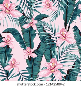 Tropic summer painting seamless pattern with palm banana leaf and plants. Floral jungle pink orchid flowers. Trendy bunch exotic flower wallpaper on pink background.