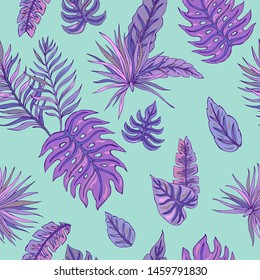 Tropic summer painting seamless pattern with colorful tropical leaves. Tropical botanical Motives. Vector illustration. Summer decoration print for wrapping, wallpaper, fabric. 
