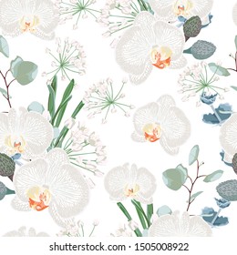 Tropic summer painting seamless pattern with eucaliptus, herbs and white orchid flowers. Trendy exotic flower wallpaper on white background.
