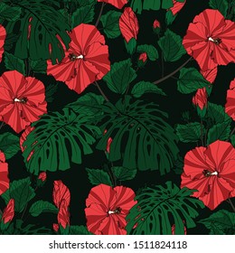 Tropic summer painting seamless pattern with monstera leaves and red hibiscus flowers branch. Trendy exotic flower wallpaper on black background.
