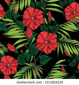 Tropic summer painting seamless pattern with palm leaves and red hibiscus flowers branch. Trendy exotic flower wallpaper on black background.