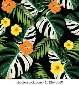 Tropic summer painting seamless pattern with palm leaves and yellow, orange hibiscus flowers. Trendy exotic flower wallpaper on black background.