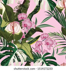 Tropic summer painting seamless pattern with palm leaves and Spathiphyllum flowers branch. Trendy exotic flower wallpaper on pink background.