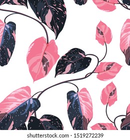 Tropic summer painting seamless pattern with exotic pink liana branch. Trendy exotic flower wallpaper on white background.