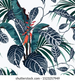Tropic summer painting seamless pattern with exotic blue liana branch and exotic palm leaves, orange flower. Trendy exotic flower wallpaper on white background.
