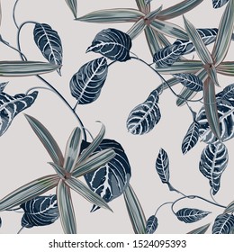 Tropic summer painting seamless pattern with exotic blue liana branch and exotic palm leaves and exotic plants. Trendy exotic flower wallpaper on white background.