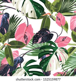 Tropic summer painting seamless pattern with exotic pink liana branch and palm monstera leaves. Trendy exotic flower wallpaper on white background.