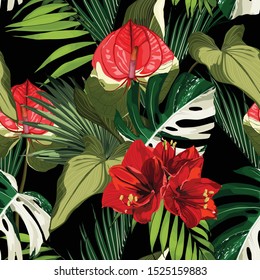 Tropic summer painting seamless pattern with palm leaves and red Amaryllis (Hipperastrum) Spathiphyllum, lilies flowers branch. Trendy exotic flower wallpaper on black background.