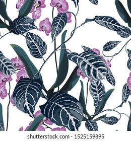 Tropic summer painting seamless pattern with exotic blue liana branch and exotic palm leaves, violet orchid flower. Trendy exotic flower wallpaper on white background.