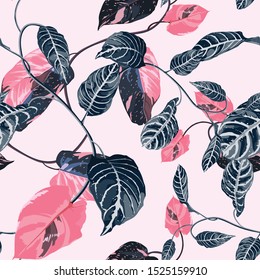 Tropic summer painting seamless pattern with exotic blue pink liana branch. Trendy exotic flower wallpaper on pink background.