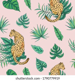 Tropic summer painting seamless pattern with leopard and tropical leaves. Tropical botanical Motives. Vector illustration. Summer decoration print for wrapping, wallpaper, fabric. 