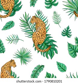 Tropische Sommermalerei nahtloses Muster mit Leoparden und tropischen Blättern. Tropische botanische Motive. Vektorgrafik. Sommerdekorationsdruck für Umhüllung, Tapete, Stoff. 