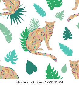 Trópico de verano pintado sin fisuras con leopardo y hojas tropicales. Motivos botánicos tropicales. Ilustración vectorial. La decoración de verano se imprime para envolver, papel pintado y tela. 