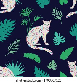 Tropic summer painting seamless pattern with leopard and tropical leaves. Tropical botanical Motives. Vector illustration. Summer decoration print for wrapping, wallpaper, fabric. 