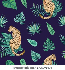 Tropic summer painting seamless pattern with leopard and tropical leaves. Tropical botanical Motives. Vector illustration. Summer decoration print for wrapping, wallpaper, fabric. 