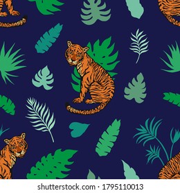 Tropic summer painting seamless pattern with tiger and tropical leaves. Tropical botanical Motives. Vector illustration. Summer decoration print for wrapping, wallpaper, fabric. 