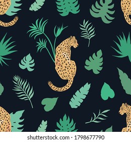 Tropic summer painting seamless pattern with leopard and tropical leaves. Tropical botanical Motives. Vector illustration. Summer decoration print for wrapping, wallpaper, fabric. 
