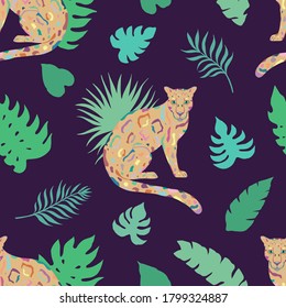 Tropic summer painting seamless pattern with leopard and tropical leaves. Tropical botanical Motives. Vector illustration. Summer decoration print for wrapping, wallpaper, fabric. 