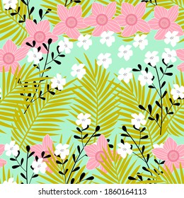 Tropic summer painting seamless pattern with coconut leaves and plants. Floral jungle pink and white orchid flowers. Trendy bunch exotic flower wallpaper on green background.