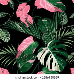 Tropic summer painting seamless pattern with exotic pink green liana branch and tropical leaves. Trendy exotic flower wallpaper on black background.