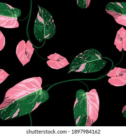 Tropic summer painting seamless pattern with exotic pink green liana branch. Trendy exotic flower wallpaper on black background.