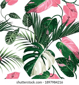 Tropische Sommermalerei nahtlos Muster mit exotischen rosa grünen Lilienzweig und tropischen Blättern. Trendige exotische Blumenhintergründe auf weißem Hintergrund.
