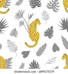 Tropic summer painting seamless pattern with leopard and tropical leaves. Tropical botanical Motives. Vector illustration. Summer decoration print for wrapping, wallpaper, fabric. 
