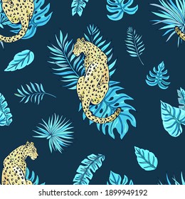 Trópico de verano pintado sin fisuras con leopardo y hojas tropicales. Motivos botánicos tropicales. Ilustración vectorial. La decoración de verano se imprime para envolver, papel pintado y tela. 