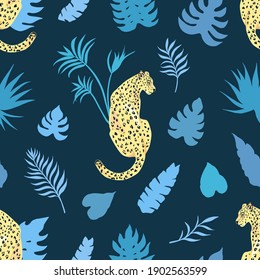 Trópico de verano pintado sin fisuras con leopardo y hojas tropicales. Motivos botánicos tropicales. Ilustración vectorial. La decoración de verano se imprime para envolver, papel pintado y tela. 
