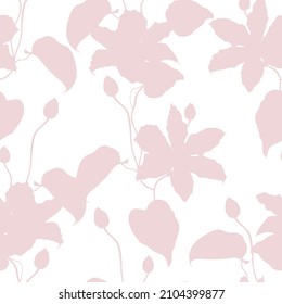 Tropic summer painting seamless pattern with exotic flowers branch silhouette. Trendy exotic flower wallpaper on white background.