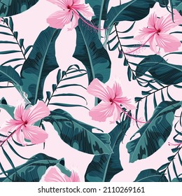 Tropic summer painting seamless pattern with palm banana leaf and flowers. Floral jungle pink hibiscus flowers. Trendy bunch exotic flower wallpaper on pink background.