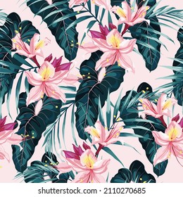 Tropic summer painting seamless pattern with palm banana leaf and flowers. Floral jungle pink rhododendron flowers. Trendy bunch exotic flower wallpaper on pink background.